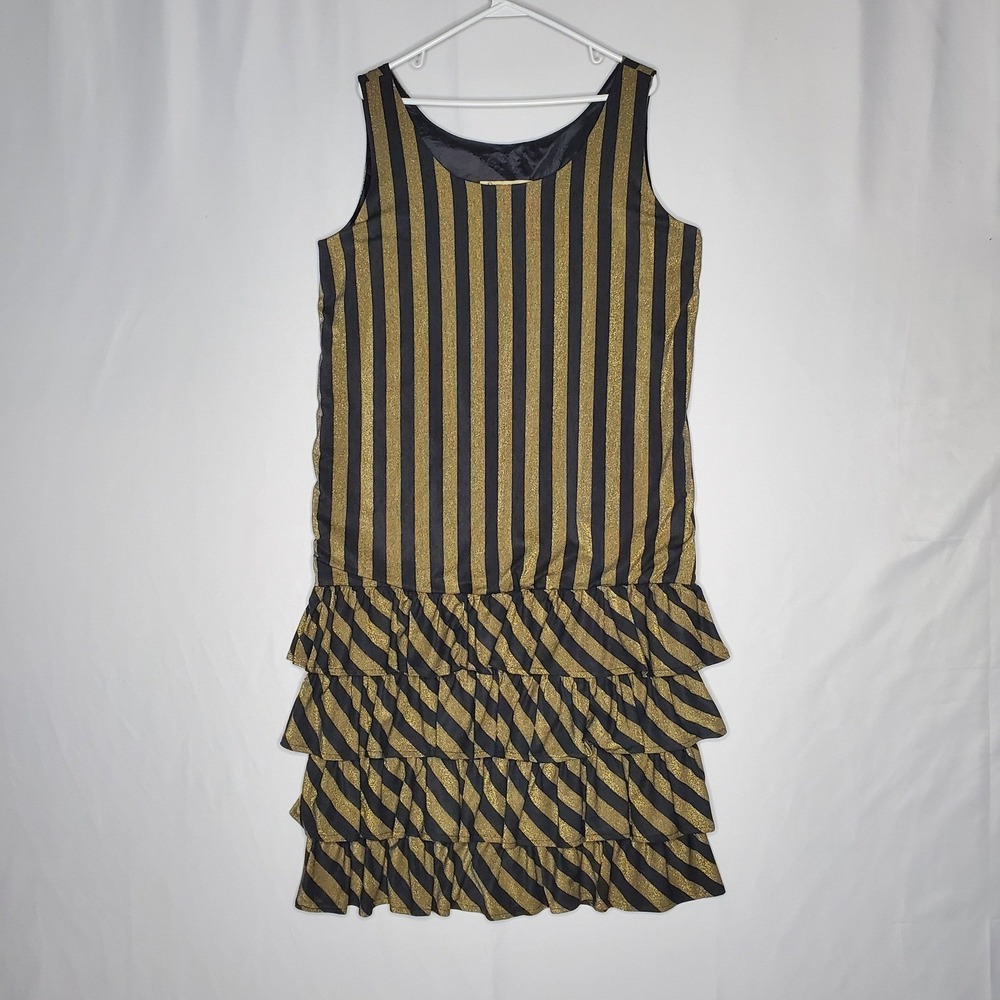 Recollections Black Gold Stripe Ruffle Flapper Dress Women's Medium